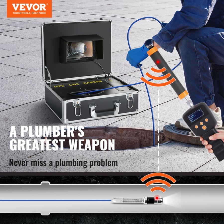 VEVOR Waterproof Drain Camera – 30m, 7" LCD, 1000TVL, 512Hz