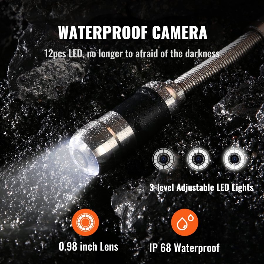 VEVOR Waterproof Drain Camera – 30m, 7" LCD, 1000TVL, 512Hz