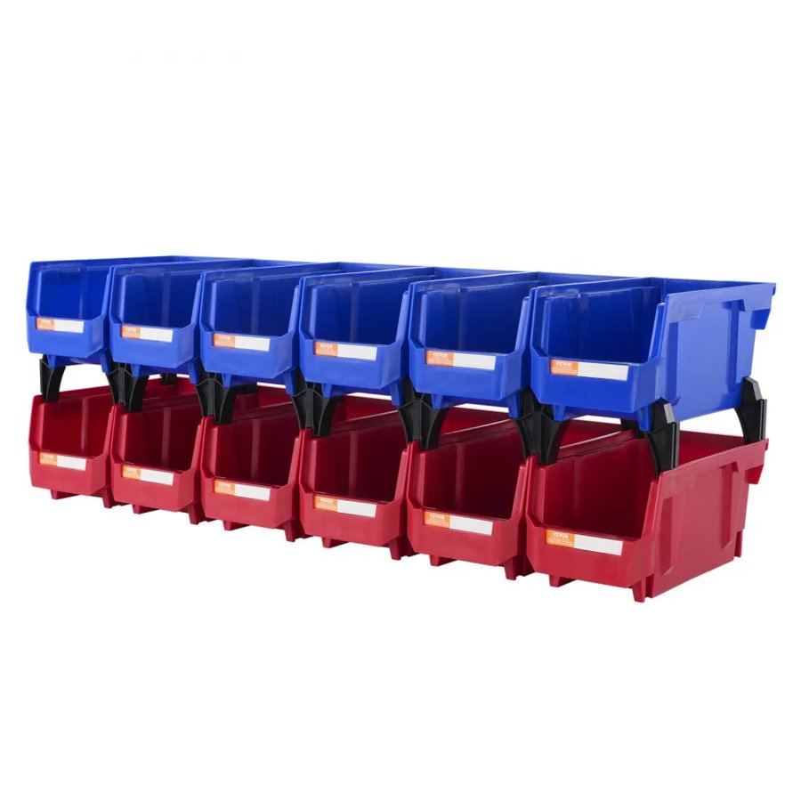VEVOR Plastic Storage Bin, (11-Inch x 5-Inch x 5-Inch), Hanging Stackable Storage Organizer Bin, Blue/Red, 12-Pack, Heavy Duty Stacking Containers for Closet, Kitchen, Office, or Pantry Organization