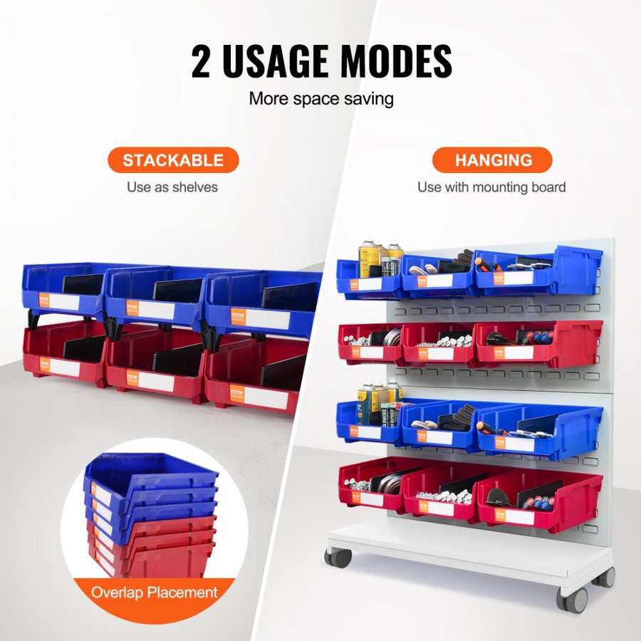 VEVOR Plastic Storage Bin, (11-Inch x 11-Inch x 5-Inch), Hanging Stackable Storage Organizer Bin, Blue/Red, 6-Pack, Heavy Duty Stacking Containers for Closet, Kitchen, Office, or Pantry Organization