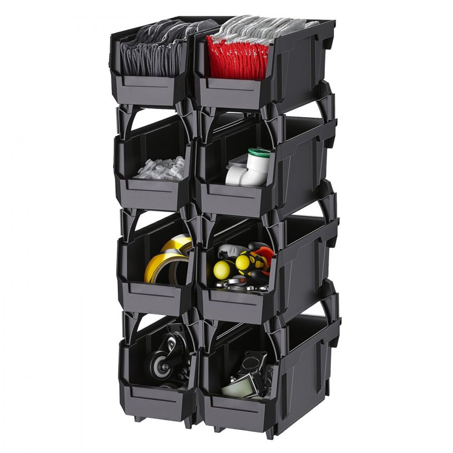 VEVOR Black Stackable Storage Bins – 8 Pack, PP, 10.9 in