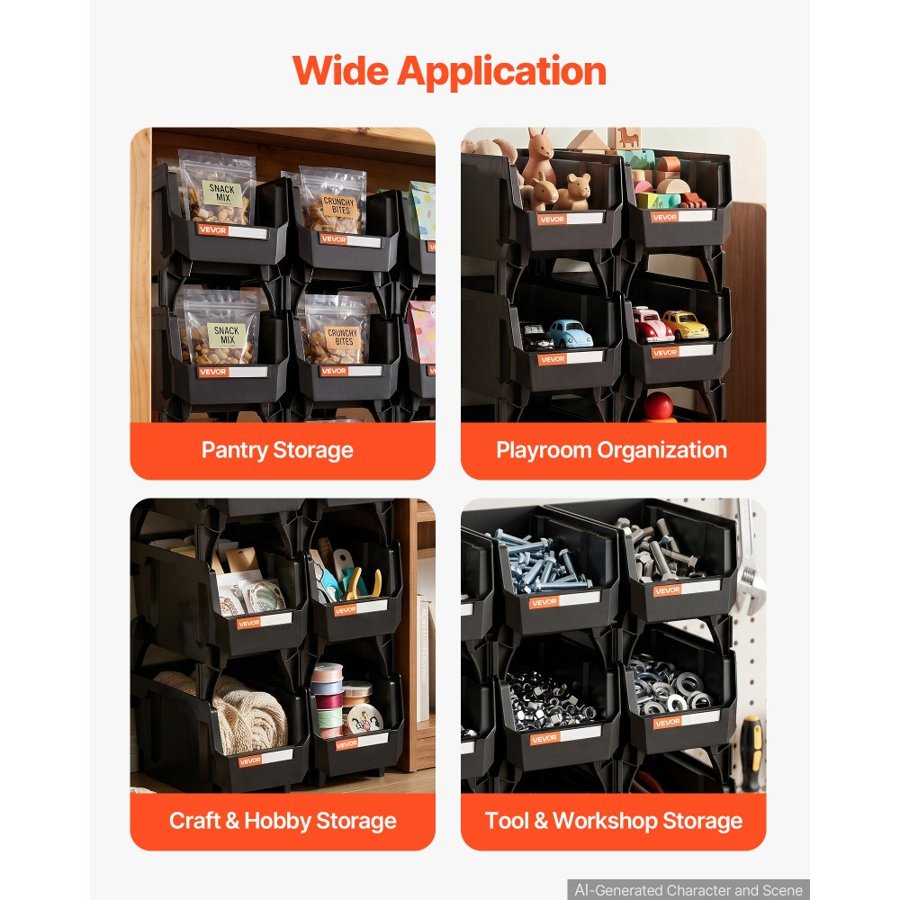 VEVOR Black Stackable Storage Bins – 8 Pack, PP, 10.9 in