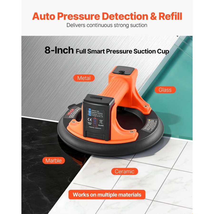VEVOR Electric Suction Cup, 203 mm Vacuum Glass Lifter with Digital Display for Suction Power & Battery Level, 200 kg Max Lifting Capacity Tile Suction Cup Tool for Lifting Tile, Granite (1-Pack)