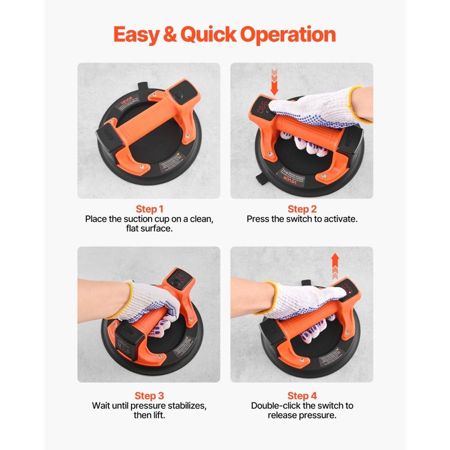 VEVOR Electric Suction Cup, 203 mm Vacuum Glass Lifter with Digital Display for Suction Power & Battery Level, 200 kg Max Lifting Capacity Tile Suction Cup Tool for Lifting Tile, Granite (1-Pack)
