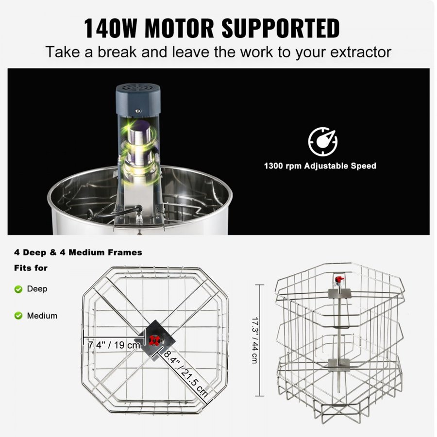 VEVOR Electric Honey Extractor – 4/8 Frames, 140W, 1300 RPM