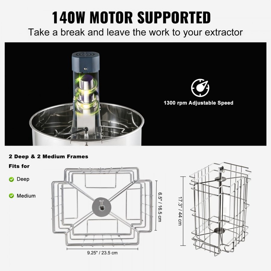 VEVOR Stainless Steel Honey Extractor – 2/4 Frame, 140W