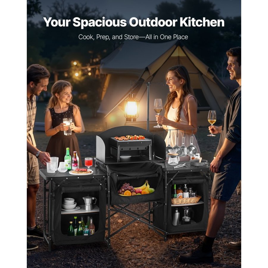 VEVOR Camping Kitchen Table, Outdoor Camp Cooking Table, Aluminum Portable Cook Station with 3 Storage Cupboard, Carrying Bag, Detachable Windscreen, Quick Set-up for BBQ Party Picnic RV Travel, Black