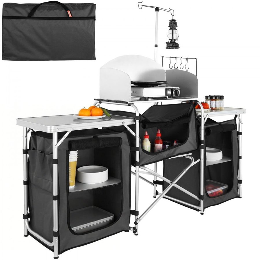 VEVOR Camping Kitchen Table, Folding Outdoor Cooking Table with Storage Carrying Bag, Aluminum Cook Station 3 Cupboard & Detachable Windscreen, Quick Set-up for Picnics, BBQ, RV Traveling, Black