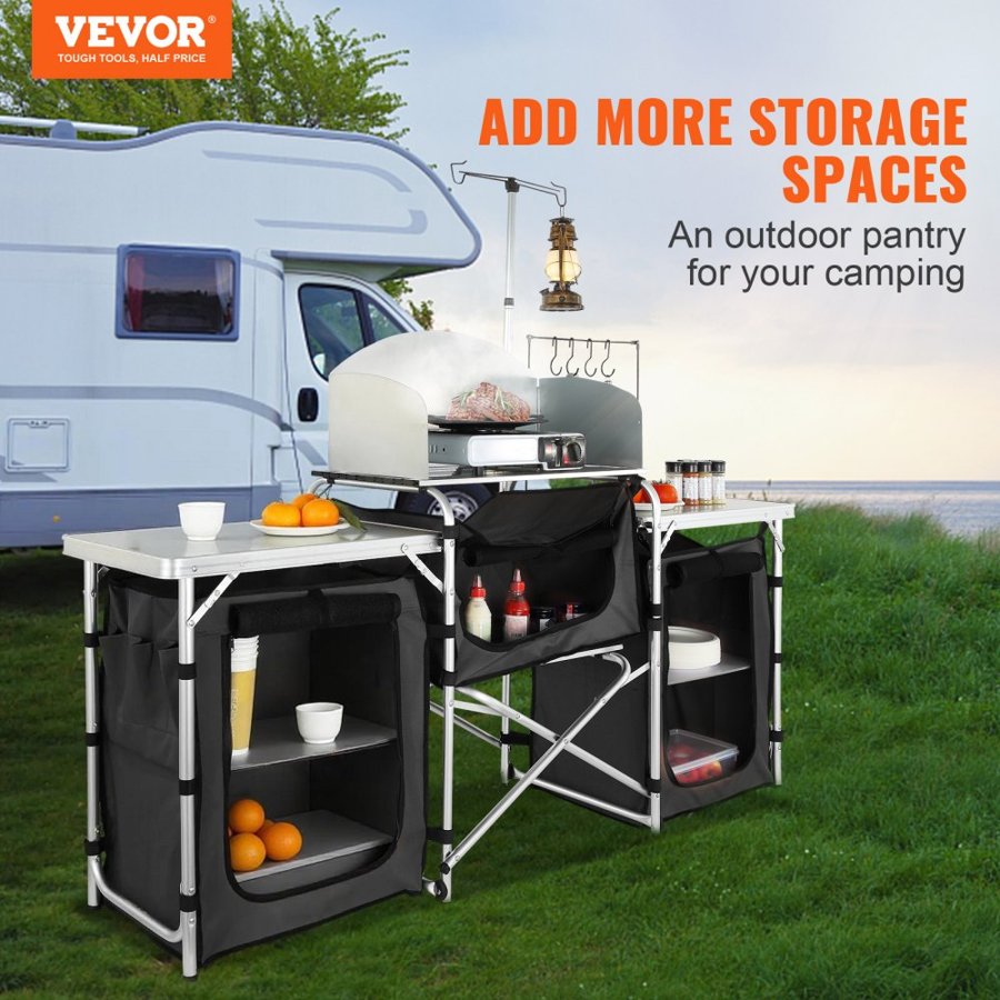 VEVOR Camping Kitchen Table, Folding Outdoor Cooking Table with Storage Carrying Bag, Aluminum Cook Station 3 Cupboard & Detachable Windscreen, Quick Set-up for Picnics, BBQ, RV Traveling, Black