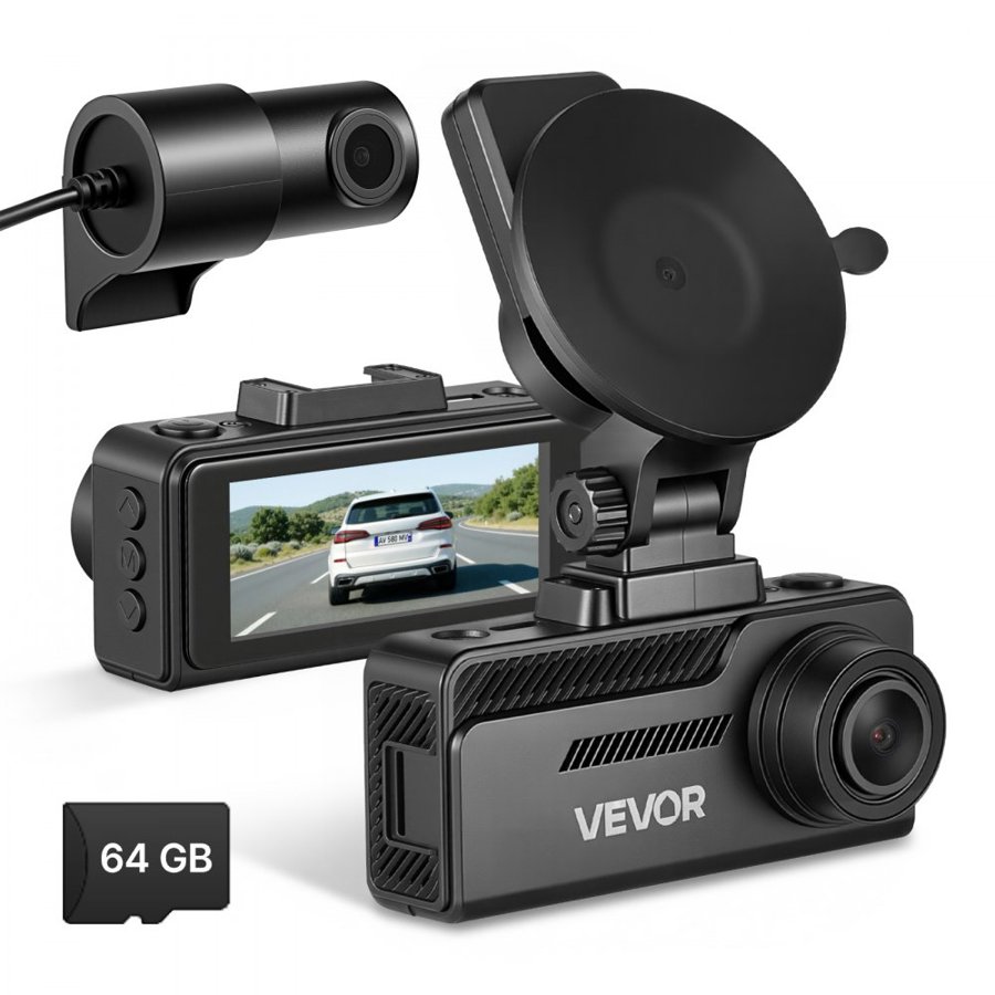 VEVOR Dash Cam Front and Rear, 4K+1080P, 64 GB Card Included, Dual Channel Dash Camera for Cars with Built-in GPS, G-Sensor, Front 129° & Rear 125°, 80.8 mm Touch Screen, Loop Recording, Parking Mode