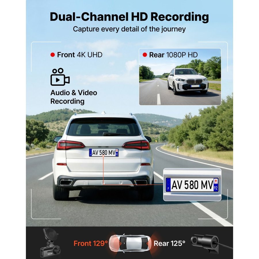 VEVOR Dash Cam Front and Rear, 4K+1080P, 64 GB Card Included, Dual Channel Dash Camera for Cars with Built-in GPS, G-Sensor, Front 129° & Rear 125°, 80.8 mm Touch Screen, Loop Recording, Parking Mode