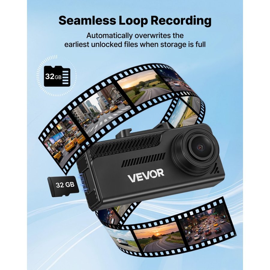 VEVOR Dash Cam Front and Rear, 4K+1080P, 32 GB Card Included, Dual Channel Dash Camera for Cars with Built-in GPS, G-Sensor, Front 129° & Rear 125°, 80.8 mm Large Screen, Loop Recording, Parking Mode