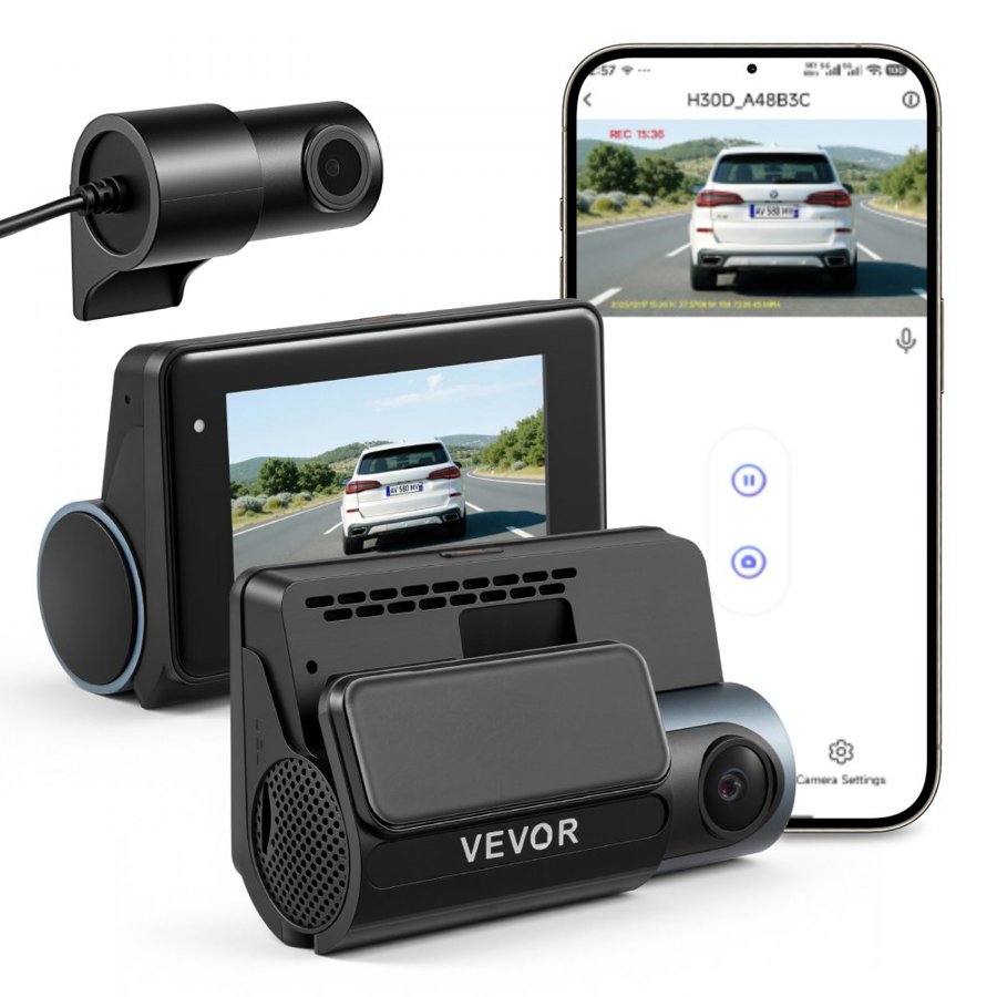 VEVOR video reģistrators priekšā un aizmugurē 4K+1080P, WiFi vadība ar lietotni, divu kanālu auto video reģistrators, ekrāns, cilpas ieraksts, stāvvietas režīms