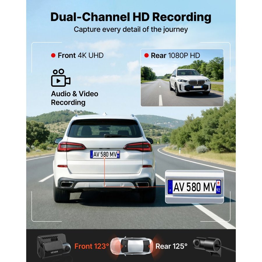 VEVOR video reģistrators priekšā un aizmugurē 4K+1080P, WiFi vadība ar lietotni, divu kanālu auto video reģistrators, ekrāns, cilpas ieraksts, stāvvietas režīms