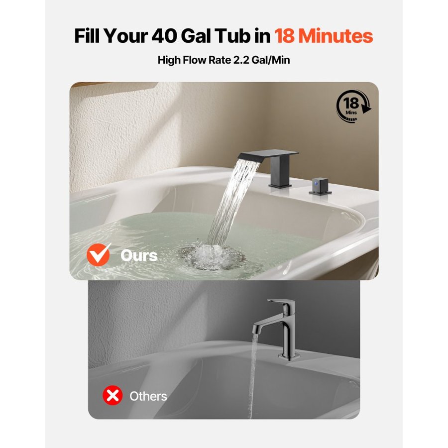 VEVOR Roman Tub Faucet, 3 Hole Waterfall Bathtub Faucet, Bath Tubs Faucets Set with 2 Handles, Roman Tub Faucets Deck Mount for Pet Washing, Baby Care, Adult Bathing, Matte Black, Stainless Steel