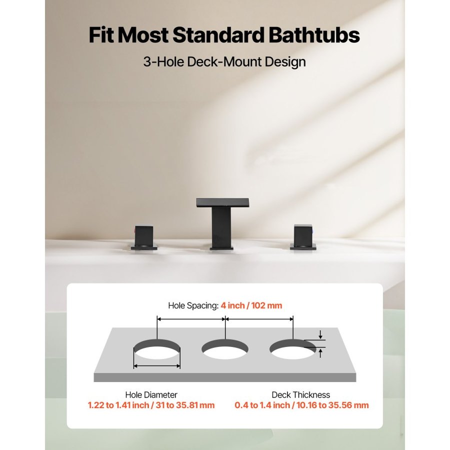 VEVOR Roman Tub Faucet, 3 Hole Waterfall Bathtub Faucet, Bath Tubs Faucets Set with 2 Handles, Roman Tub Faucets Deck Mount for Pet Washing, Baby Care, Adult Bathing, Matte Black, Stainless Steel