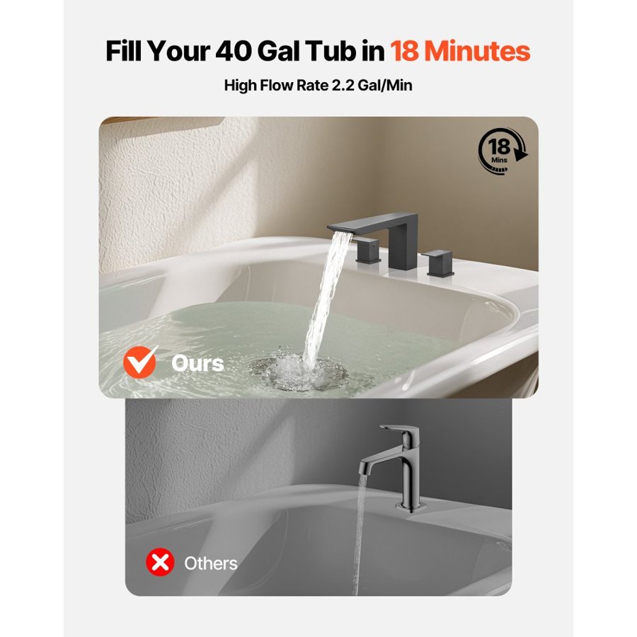 VEVOR Roman Tub Faucet, Bath Tubs Faucets Set with 2 Handles, Waterfall Roman Tub Faucet for Pet Washing, Baby Care, Adult Bathing, Matte Black, Stainless Steel, 3 Hole Waterfall Bathtub Faucets