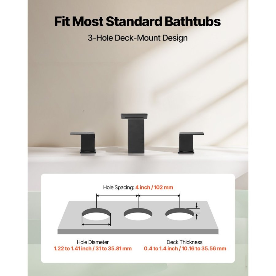 VEVOR Roman Tub Faucet, Bath Tubs Faucets Set with 2 Handles, Waterfall Roman Tub Faucet for Pet Washing, Baby Care, Adult Bathing, Matte Black, Stainless Steel, 3 Hole Waterfall Bathtub Faucets
