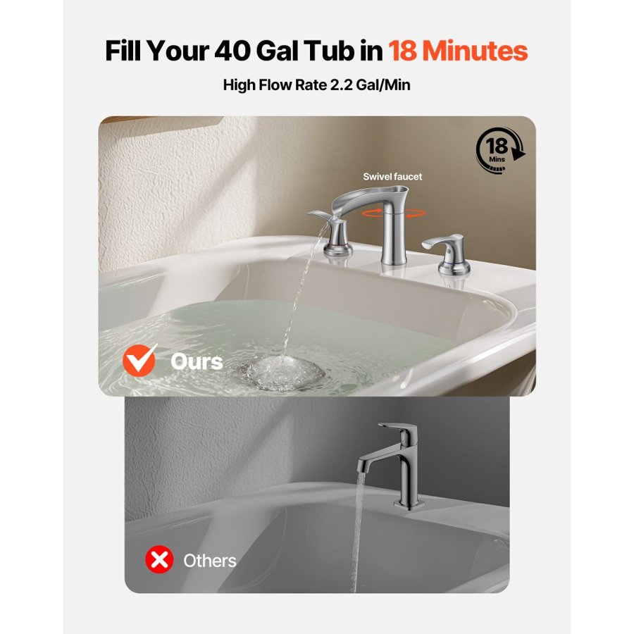 VEVOR Roman Tub Faucet, 3 Hole Waterfall Bathtub Faucet, Zinc Alloy Bath Tubs Faucets Set with 2 Handles, Deck Mount Bath Tub Faucets Set for Pet Washing, Adult Bathing, Silver, Waterfall Spout Design