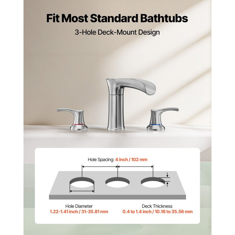 VEVOR Roman Tub Faucet, 3 Hole Waterfall Bathtub Faucet, Zinc Alloy Bath Tubs Faucets Set with 2 Handles, Deck Mount Bath Tub Faucets Set for Pet Washing, Adult Bathing, Silver, Waterfall Spout Design