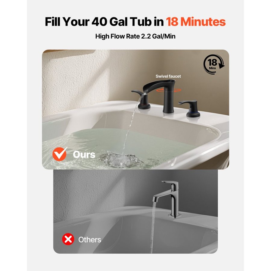 VEVOR Roman Tub Faucet, 3 Hole Waterfall Bathtub Faucet, Zinc Alloy Bath Tubs Faucets Set with 2 Handles, Roman Tub Faucets Deck Mount for Pet Washing, Adult Bathing, Matte Black, Temperature Control