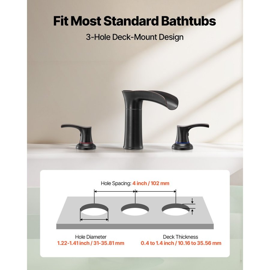 VEVOR Roman Tub Faucet, 3 Hole Waterfall Bathtub Faucet, Zinc Alloy Bath Tubs Faucets Set with 2 Handles, Deck Mount Bath Tub Faucets Set for Pet Washing, Adult Bathing, Oil-Rubbed Bronze, Drip-Free