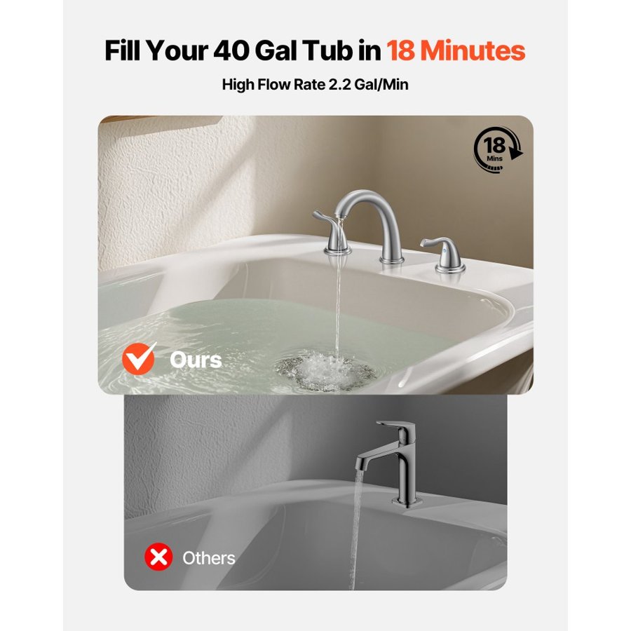 VEVOR Roman Tub Faucet, 3 Hole Waterfall Bathtub Faucet, Gooseneck Bath Tubs Faucets Set with 2 Handles, Deck Mount Bath Tub Faucets Set for Adult Bathing, Brushed Stainless Steel, High Arc Spout