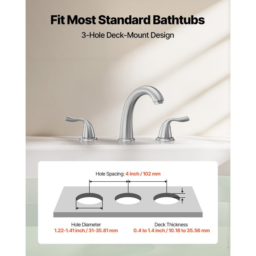VEVOR Roman Tub Faucet, 3 Hole Waterfall Bathtub Faucet, Gooseneck Bath Tubs Faucets Set with 2 Handles, Deck Mount Bath Tub Faucets Set for Adult Bathing, Brushed Stainless Steel, High Arc Spout