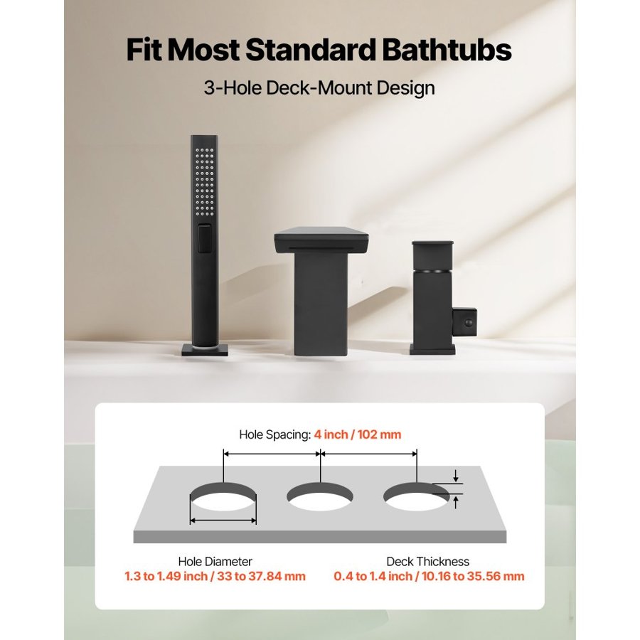 VEVOR Roman Tub Faucet, 3 Hole Waterfall Bathtub Faucet,  Roman Bathtub Faucets Set with Shower Head & 1 Handle, Deck Mount Bath Tub Faucets Set for Baby Care, Matte Black, Stainless Steel, Drip-Free