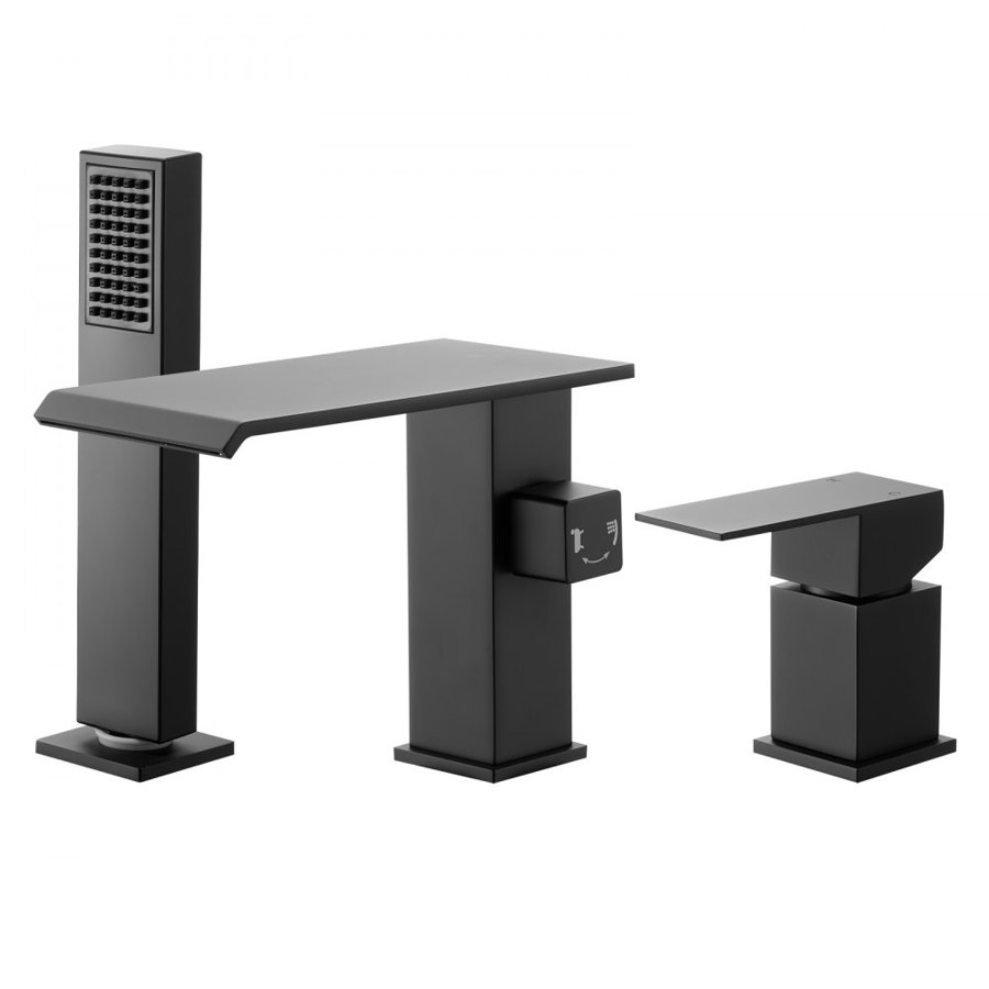 VEVOR Roman Tub Faucet, 3 Hole Waterfall Bathtub Faucet, Roman Bathtub Faucets Set with Shower Head & 1 Handle, Deck Mount Bath Tub Faucets Set for Adult Bathing, Matte Black, Dual Water Flow Options