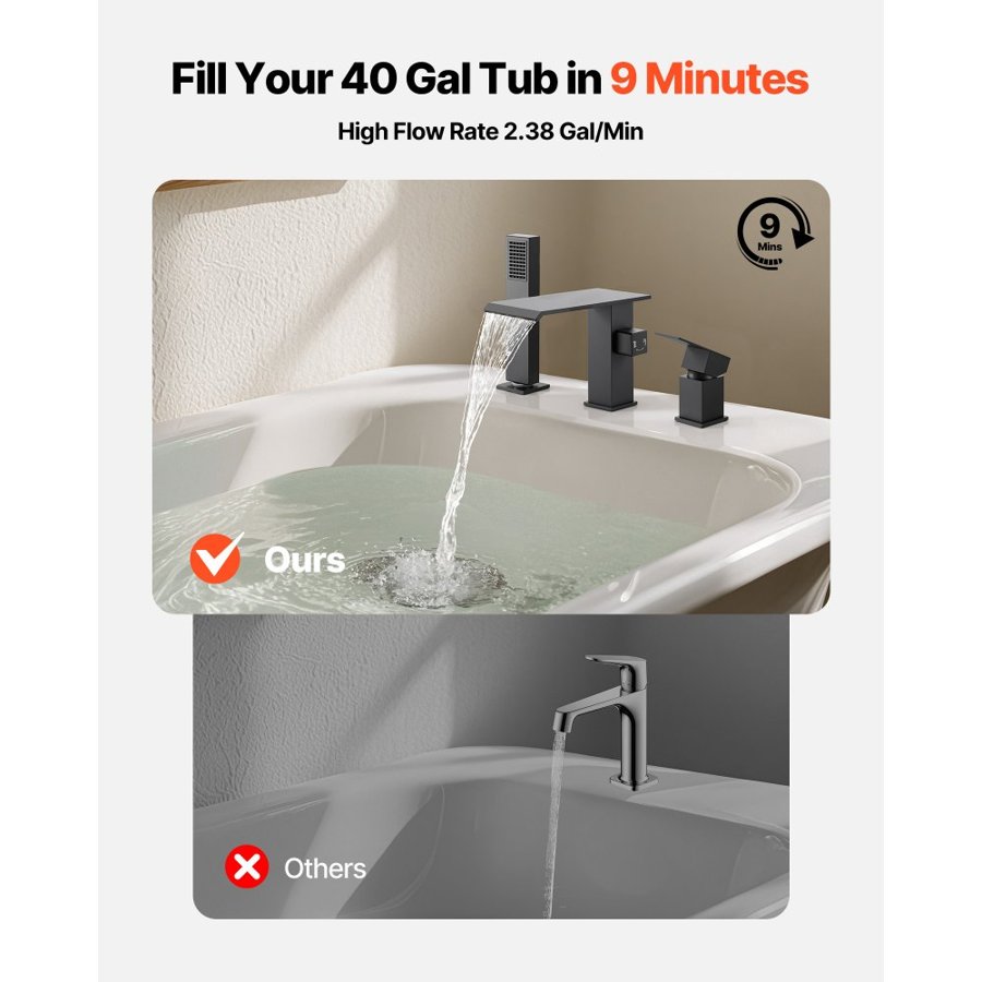 VEVOR Roman Tub Faucet, 3 Hole Waterfall Bathtub Faucet, Roman Bathtub Faucets Set with Shower Head & 1 Handle, Deck Mount Bath Tub Faucets Set for Adult Bathing, Matte Black, Dual Water Flow Options