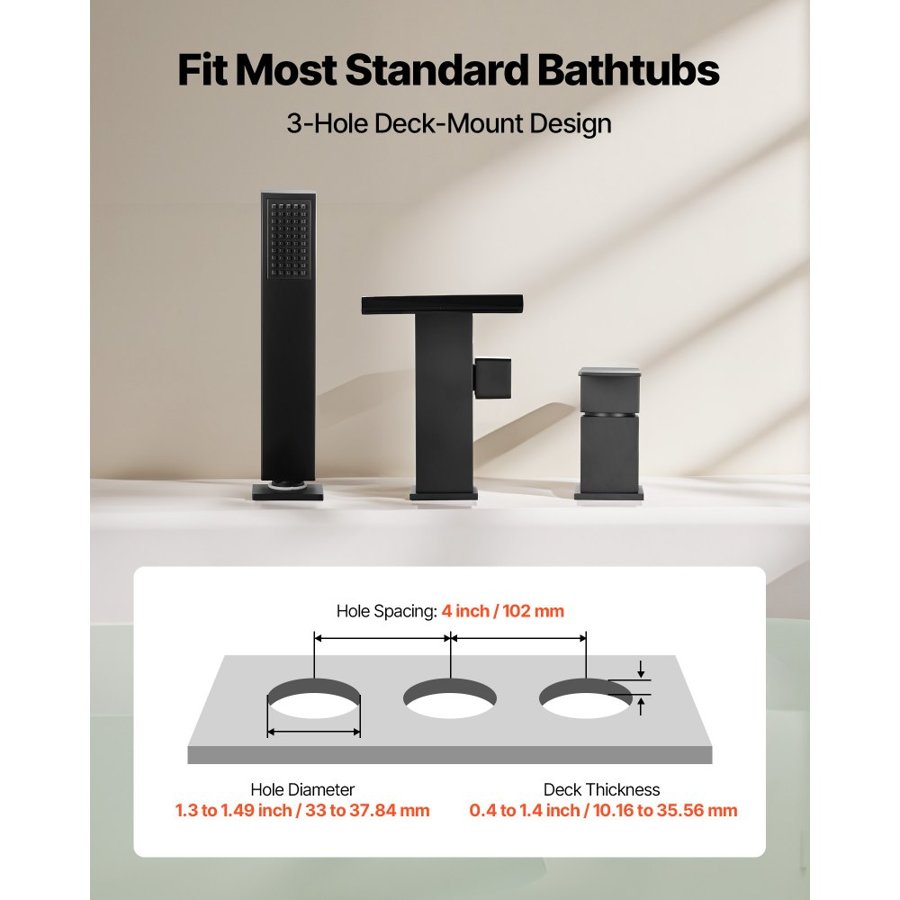 VEVOR Roman Tub Faucet, 3 Hole Waterfall Bathtub Faucet, Roman Bathtub Faucets Set with Shower Head & 1 Handle, Deck Mount Bath Tub Faucets Set for Adult Bathing, Matte Black, Dual Water Flow Options