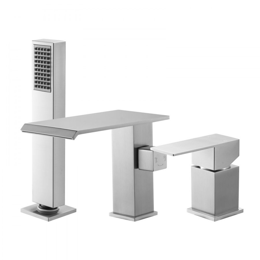 VEVOR Roman Tub Faucet, 3 Hole Waterfall Bathtub Faucet, Widespread Roman Tub Faucets with Shower Head & 1 Handle, Romans Bathtub Faucets for Pet Washing, Adult Bathing, Brushed Stainless Steel