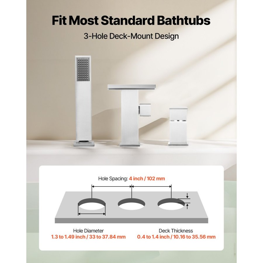 VEVOR Roman Tub Faucet, 3 Hole Waterfall Bathtub Faucet, Widespread Roman Tub Faucets with Shower Head & 1 Handle, Romans Bathtub Faucets for Pet Washing, Adult Bathing, Brushed Stainless Steel