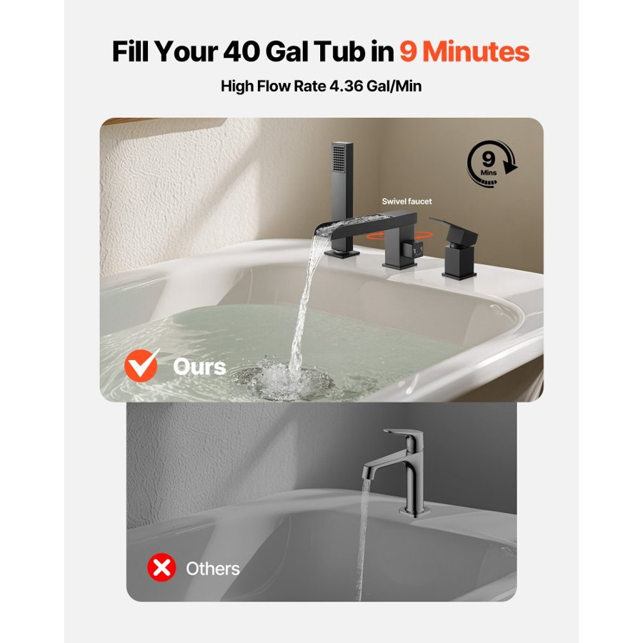 VEVOR Roman Tub Faucet, 3 Hole Waterfall Bathtub Faucet, Widespread Roman Tub Faucets with Shower Head & 1 Handle, Romans Bathtub Faucets for Pet Washing, Adult Bathing, Matte Black, Stainless Steel