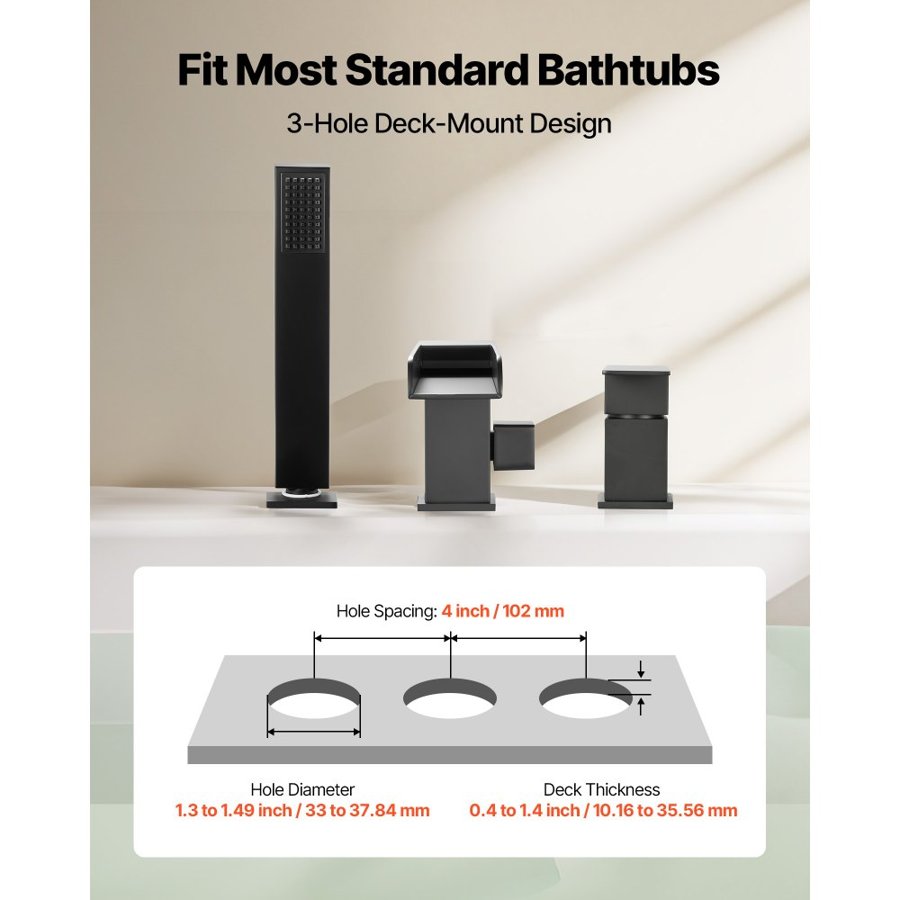 VEVOR Roman Tub Faucet, 3 Hole Waterfall Bathtub Faucet, Widespread Roman Tub Faucets with Shower Head & 1 Handle, Romans Bathtub Faucets for Pet Washing, Adult Bathing, Matte Black, Stainless Steel
