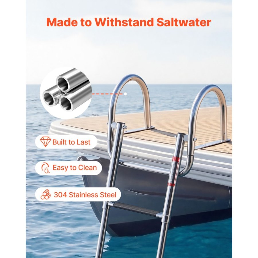 VEVOR Boat Ladder, 3 Steps, Stainless Steel Telescoping Folding Swim Deck Ladder for Rear Entry Inboard, 272.16 kg Capacity with Wide Anti-Slip Steps & Handrails, for Outboards, Yacht, Pontoon Boats