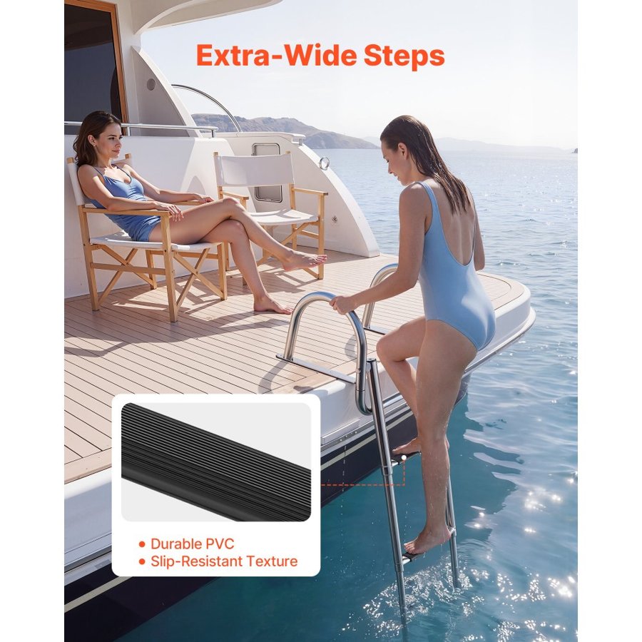 VEVOR Boat Ladder, 3 Steps, Stainless Steel Telescoping Folding Swim Deck Ladder for Rear Entry Inboard, 272.16 kg Capacity with Wide Anti-Slip Steps & Handrails, for Outboards, Yacht, Pontoon Boats
