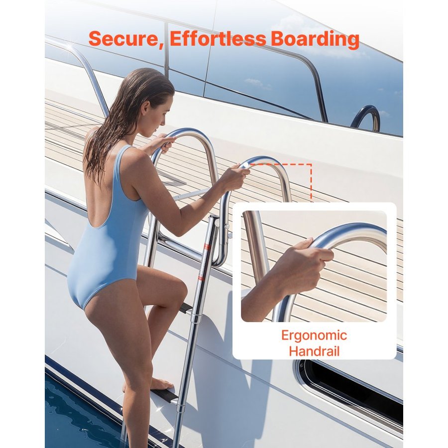 VEVOR Boat Ladder, 3 Steps, Stainless Steel Telescoping Folding Swim Deck Ladder for Rear Entry Inboard, 272.16 kg Capacity with Wide Anti-Slip Steps & Handrails, for Outboards, Yacht, Pontoon Boats
