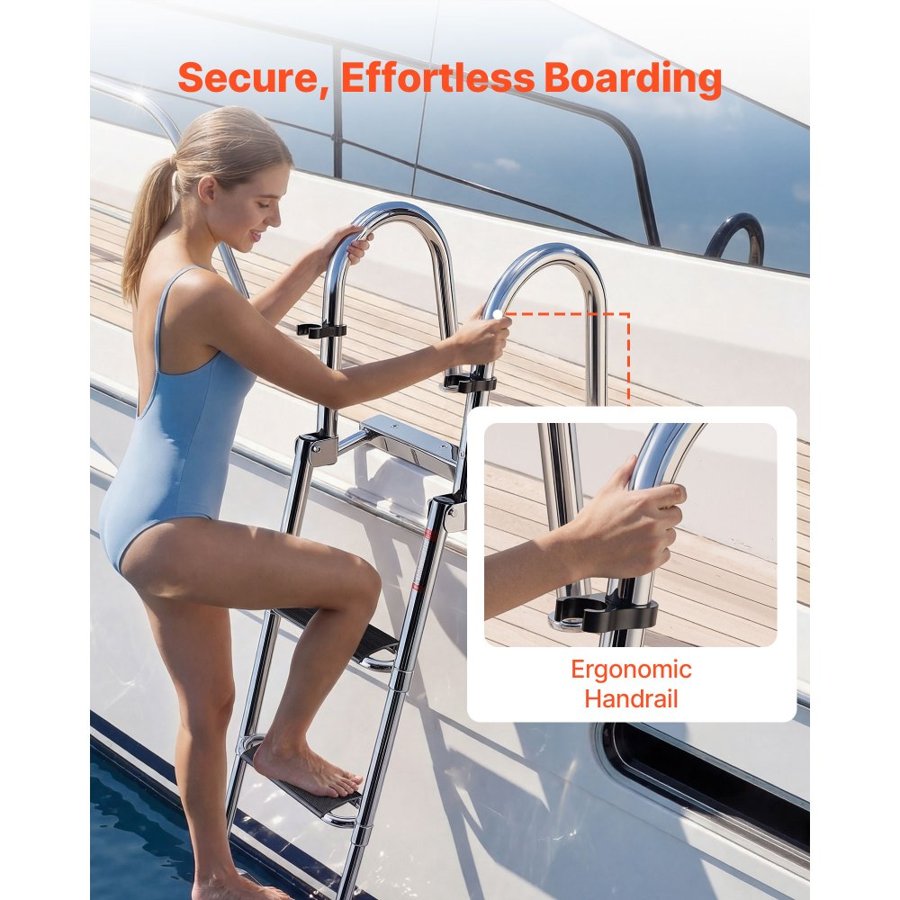 VEVOR Boat Ladder, 4 Steps, Stainless Steel Telescoping Folding Swim Deck Ladder for Rear Entry Inboard, 272.16 kg Capacity, Extra Wide Anti-Slip Steps & Handrails, for Outboards, Yacht, Pontoon Boats