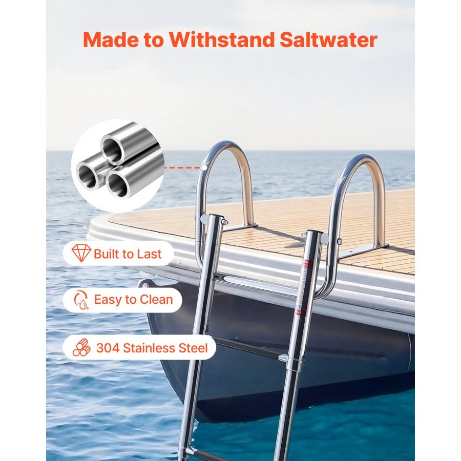 VEVOR Boat Ladder, 4 Steps, Stainless Steel Telescoping Folding Swim Deck Ladder for Rear Entry Inboard, 272.16 kg Capacity with Wide Anti-Slip Steps & Handrails, for Outboards, Yacht, Pontoon Boats