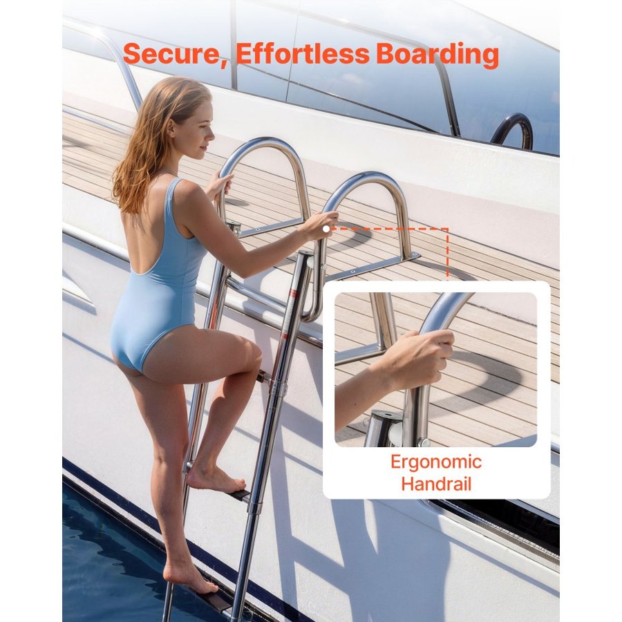 VEVOR Boat Ladder, 4 Steps, Stainless Steel Telescoping Folding Swim Deck Ladder for Rear Entry Inboard, 272.16 kg Capacity with Wide Anti-Slip Steps & Handrails, for Outboards, Yacht, Pontoon Boats