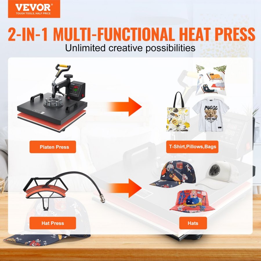 VEVOR Heat Press Machine 38 x 38 cm 2-in-1 Clamshell Sublimation Transfer for T-Shirts Hats Caps, with PTFE Coating, Digital Precise Heat Control, 360° Rotation Arm, Fast Even Heating, Easy to Use
