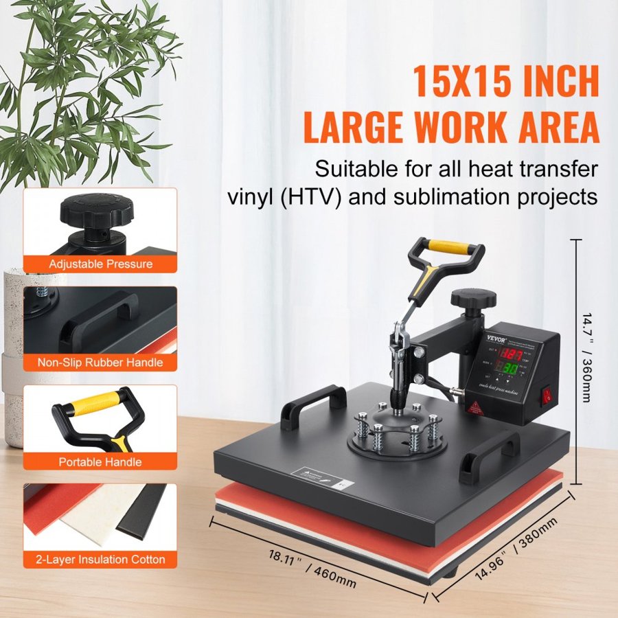 VEVOR 2-in-1 Heat Press Machine 15 × 15″ (T-Shirt & Cap)