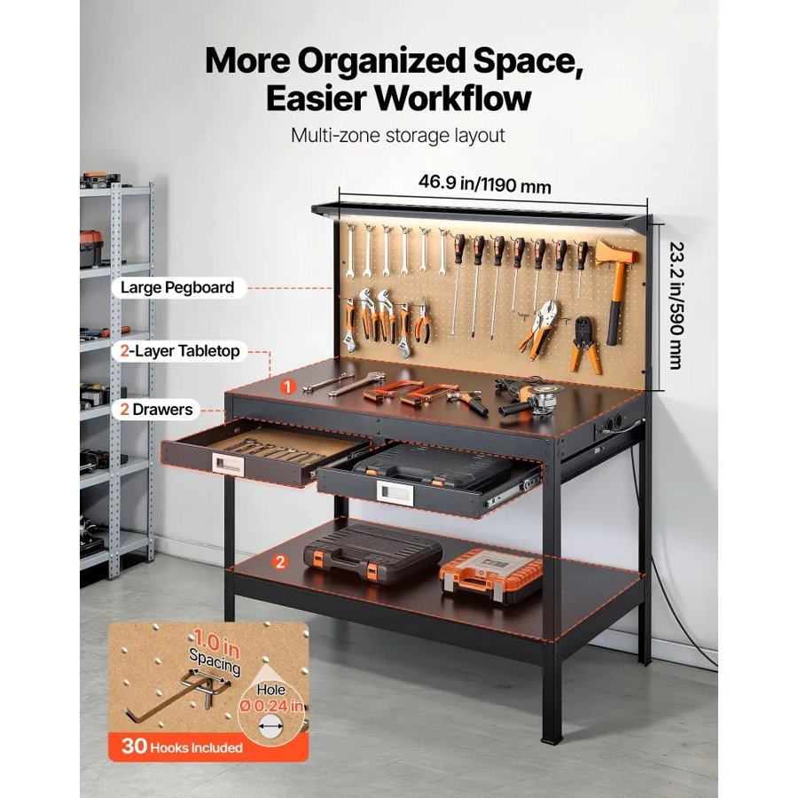 VEVOR Hardwood Workbench, 110 kg Weight Capacity, 1200 mm Heavy Duty Workbench with Pegboard, 4 AC Outlets & 2 USB Ports, 1.5 m Cable & 30 Hooks, Garage Work Bench with Drawer for Workshop