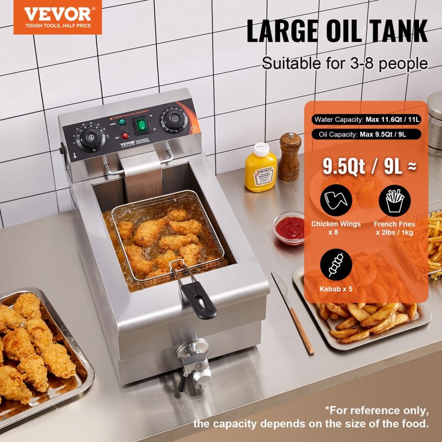 VEVOR Commercial Deep Fryer, 3000W Electric Countertop Fryer with Basket, 11.6Qt / 11L Stainless Steel Single Oil Fryer with Time & Temp Control, Overheat Protection, for Kitchen Restaurant Use