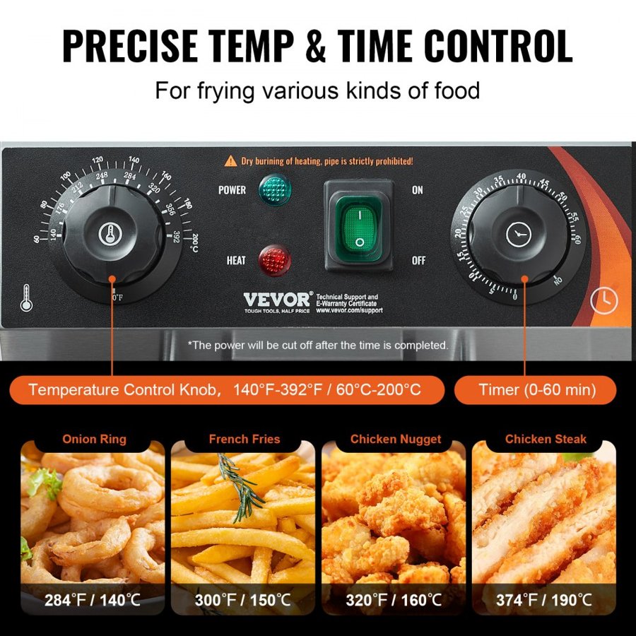 VEVOR Commercial Deep Fryer, 3000W Electric Countertop Fryer with Basket, 11.6Qt / 11L Stainless Steel Single Oil Fryer with Time & Temp Control, Overheat Protection, for Kitchen Restaurant Use