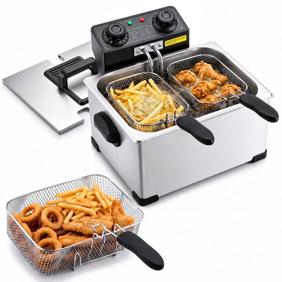 VEVOR Commercial Electric Deep Fryer, 5.2 L Oil Capacity, 2500W Stainless Steel Countertop Fryer with Large & Small Baskets, Overheat Protection, Temp Control, Timer, for Home Restaurant Use, Silver