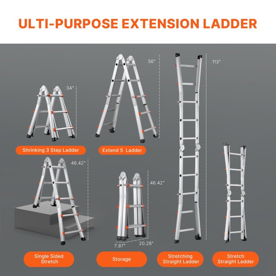 VEVOR Telescoping Ladder A Frame, 9.5 FT Compact Aluminum Extension Ladder, Multi-Function Portable Collapsible RV Ladder, Telescopic Ladder for Homework Stairs Indoor Outdoor Roof, 330lb Load