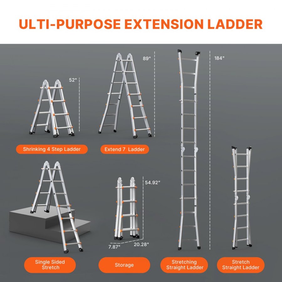 VEVOR Telescoping Ladder A Frame, 15.5 FT Compact Aluminum Extension Ladder, Multi-Function Portable Collapsible RV Ladder, Telescopic Ladder for Homework Stairs Indoor Outdoor Roof, 330lb Load
